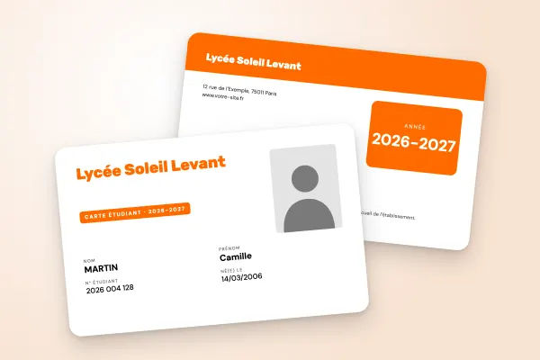 Modèle de carte étudiant « Lycée Soleil Levant » (lycées et collèges, nom en grand, champs sur deux colonnes, orange) : recto et verso
