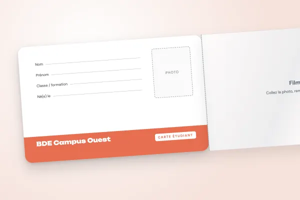Modèle de carte étudiant « BDE Campus Ouest » (cartes à rabat adhésif, inscriptible, bandeau bas corail) : recto et verso