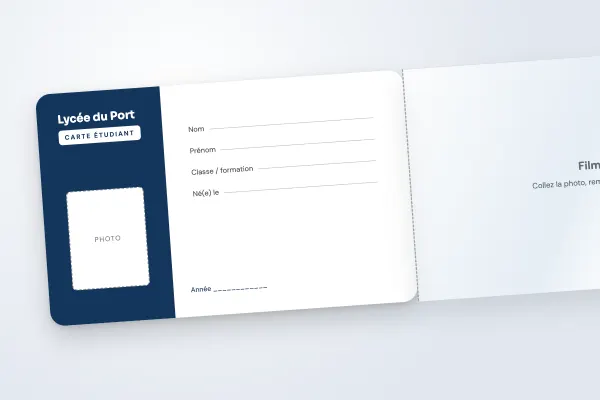 Modèle de carte étudiant « Lycée du Port » (cartes à rabat adhésif, inscriptible, colonne marine) : recto et verso