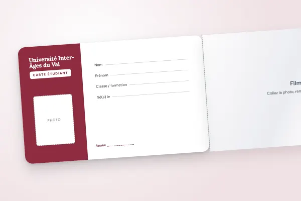 Modèle de carte étudiant « Université Inter-Âges du Val » (cartes à rabat adhésif, inscriptible, colonne bordeaux) : recto et verso