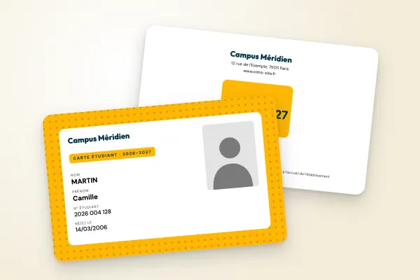 Modèle de carte étudiant « Campus Méridien » (universités, motif plein, panneau clair, jaune) : recto et verso
