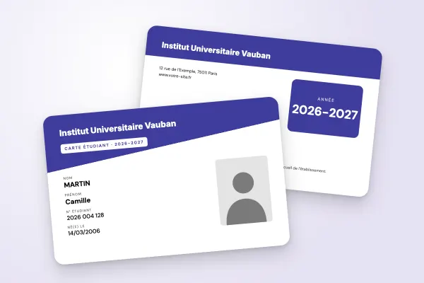 Modèle de carte étudiant « Institut Universitaire Vauban » (universités, en-tête diagonal, violet) : recto et verso