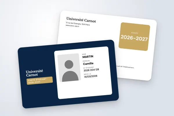 Modèle de carte étudiant « Université Carnot » (universités, fond sombre, nuit et or) : recto et verso