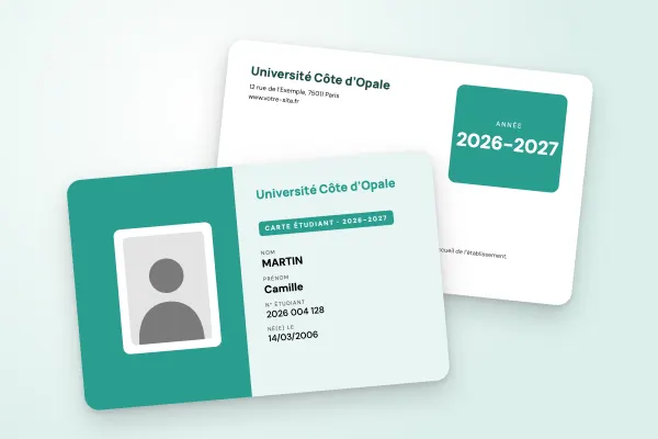 Modèle de carte étudiant « Université Côte d’Opale » (universités, moitié couleur, photo encadrée, vert d’eau) : recto et verso