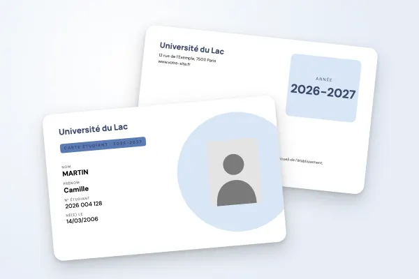 Modèle de carte étudiant « Université du Lac » (universités, pastille, bleu) : recto et verso