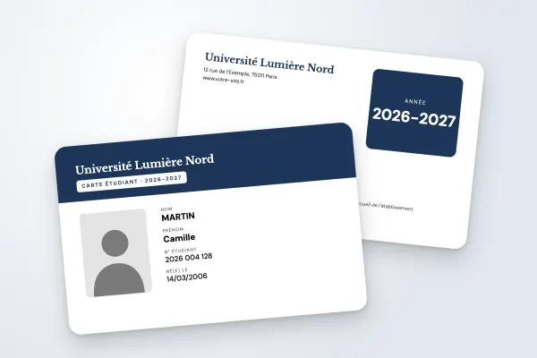 Modèle de carte étudiant « Université Lumière Nord » (universités, bandeau, bleu marine) : recto et verso