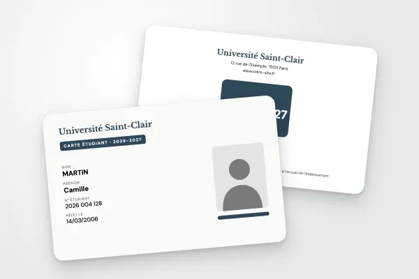 Modèle de carte étudiant « Université Saint-Clair » (universités, sobre, ardoise) : recto et verso