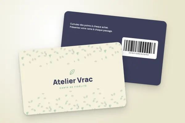 Modèle de carte de fidélité « Atelier Vrac » (boutiques et commerces, motif de feuilles, épicerie) : recto et verso