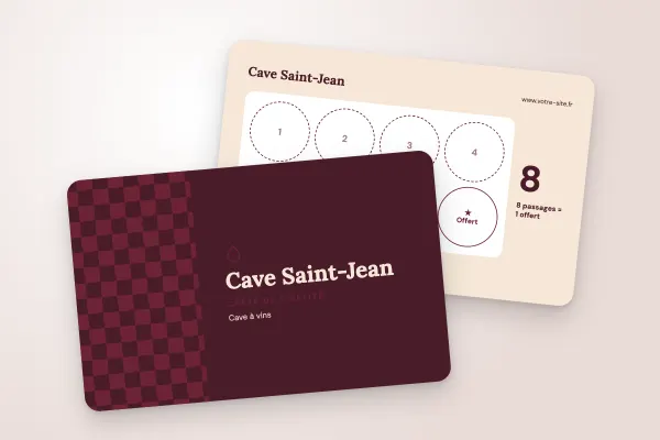 Modèle de carte de fidélité « Cave Saint-Jean » (boutiques et commerces, damier, bordeaux) : recto et verso