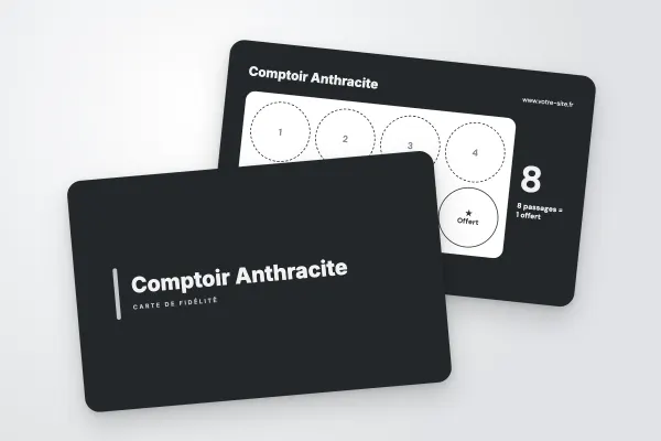 Modèle de carte de fidélité « Comptoir Anthracite » (boutiques et commerces, barre d’accent, anthracite) : recto et verso