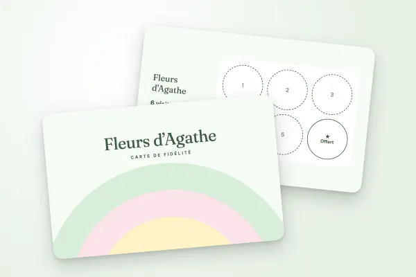 Modèle de carte de fidélité « Fleurs d’Agathe » (boutiques et commerces, arcs pastel, fleuriste) : recto et verso