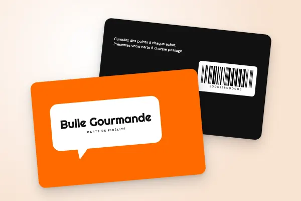 Modèle de carte de fidélité « Bulle Gourmande » (cafés et restaurants, bulle pop, orange) : recto et verso