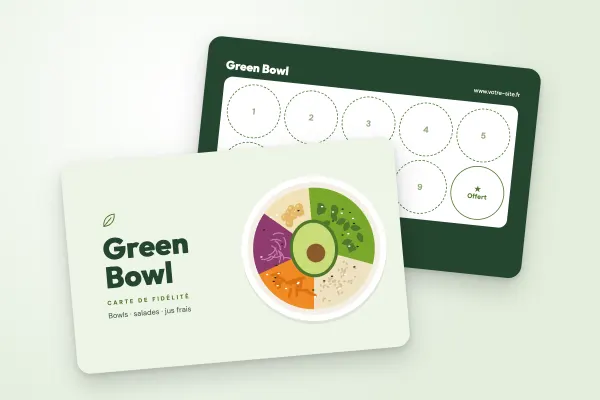 Modèle de carte de fidélité « Green Bowl » (cafés et restaurants, bowl illustré vu du dessus) : recto et verso