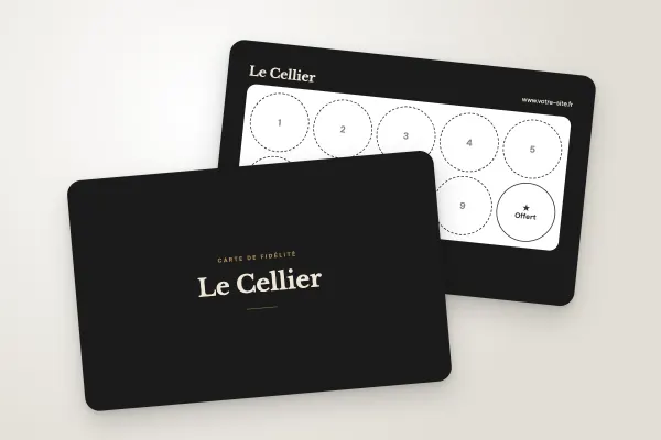 Modèle de carte de fidélité « Le Cellier » (cafés et restaurants, classique, noir et bronze) : recto et verso