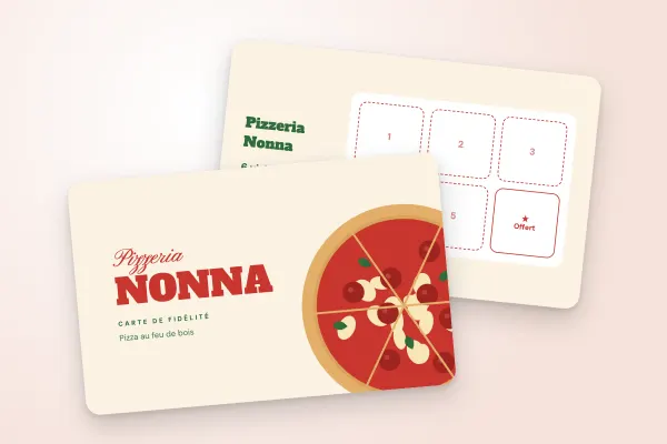 Modèle de carte de fidélité « Pizzeria Nonna » (cafés et restaurants, pizza illustrée, rouge et crème) : recto et verso