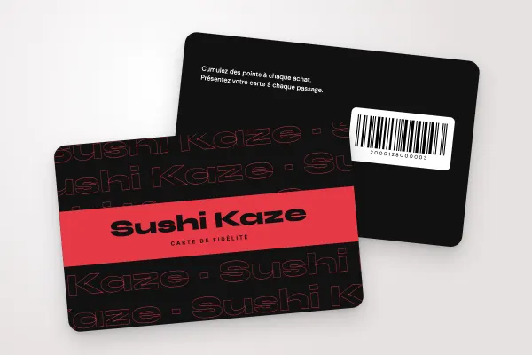 Modèle de carte de fidélité « Sushi Kaze » (cafés et restaurants, nom répété, noir et rouge) : recto et verso
