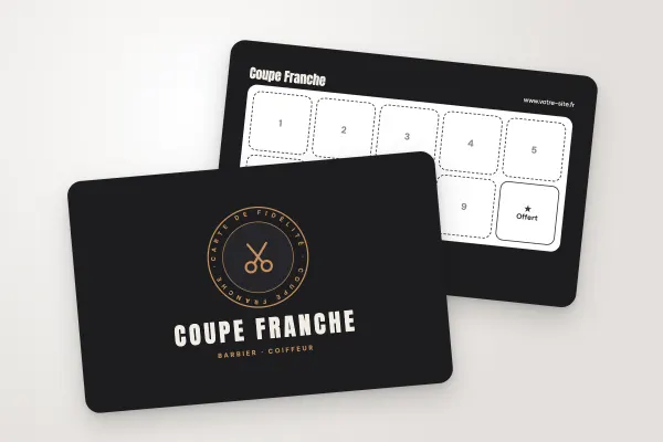 Modèle de carte de fidélité « Coupe Franche » (beauté et coiffure, écusson rond « carte de fidélité », noir et cuivre) : recto et verso