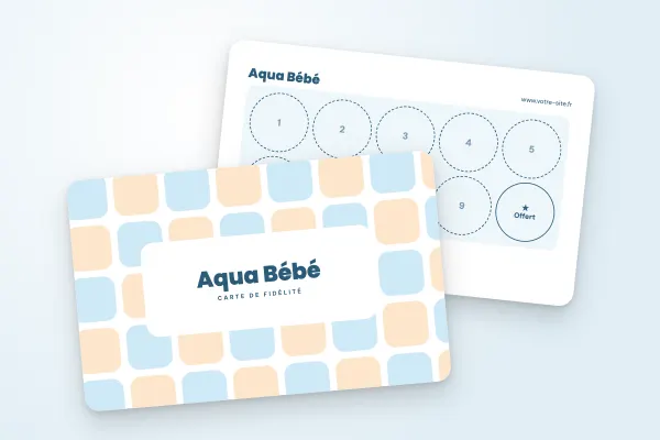 Modèle de carte de fidélité « Aqua Bébé » (sport et loisirs, mosaïque pastel, bleu et pêche) : recto et verso