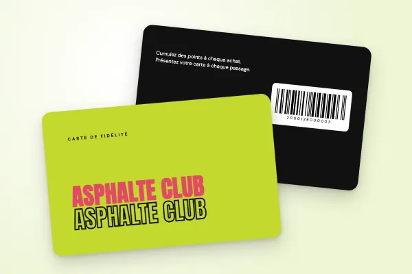Modèle de carte de fidélité « Asphalte Club » (sport et loisirs, typo pop, vert fluo) : recto et verso