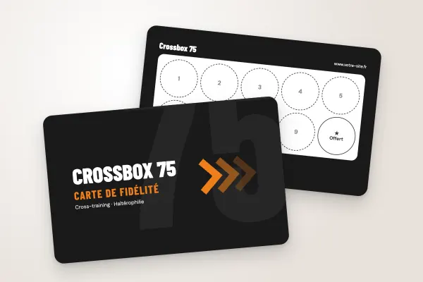 Modèle de carte de fidélité « Crossbox 75 » (sport et loisirs, grand 75 et chevrons, « carte de fidélité ») : recto et verso