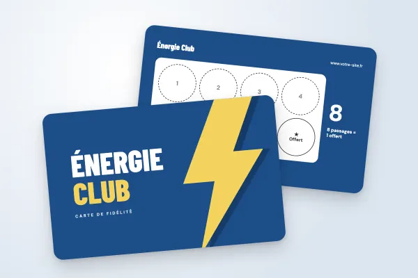 Modèle de carte de fidélité « Énergie Club » (sport et loisirs, éclair géant, bleu et jaune) : recto et verso