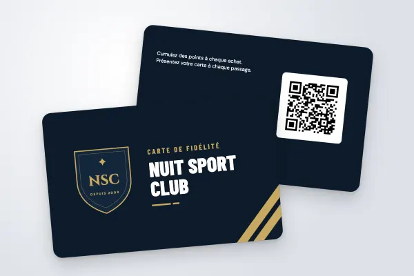 Modèle de carte de fidélité « Nuit Sport Club » (sport et loisirs, écusson de club « carte de fidélité », nuit et or) : recto et verso