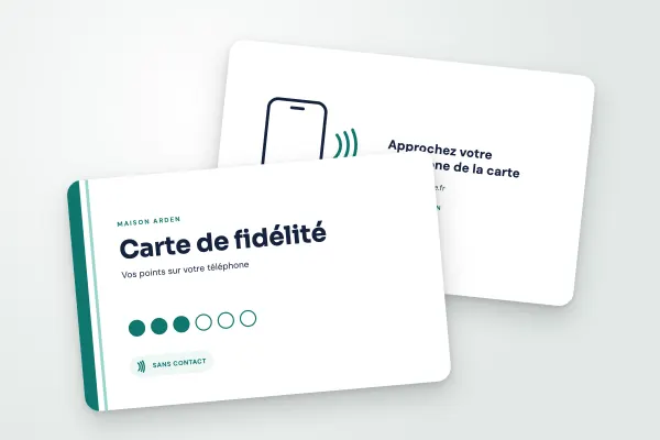 Modèle de carte NFC « Maison Arden » (boutiques et commerces, fidélité connectée, barre latérale) : recto et verso