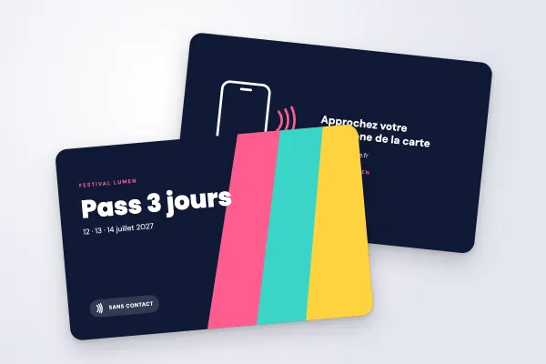 Modèle de carte NFC « Festival Lumen » (événements, pass événement, dégradé de couleurs) : recto et verso