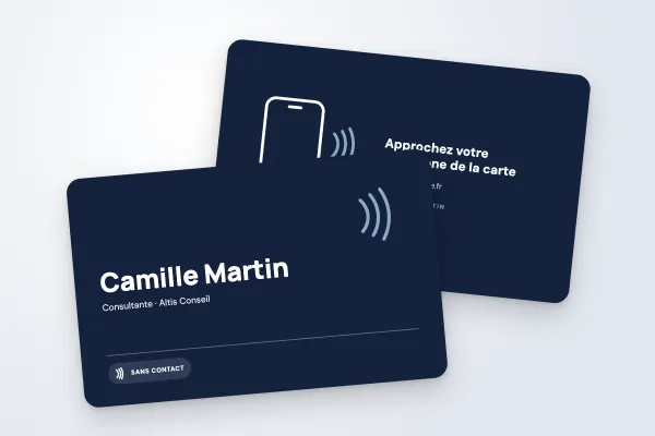 Modèle de carte NFC « Camille Martin » (professionnels, carte de visite connectée, bleu marine) : recto et verso
