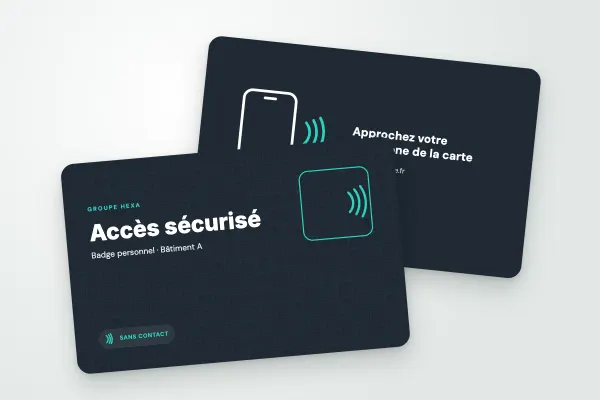 Modèle de carte NFC « Groupe Hexa » (professionnels, accès, graphite et sarcelle) : recto et verso