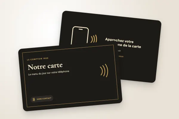 Modèle de carte NFC « Le Comptoir 1920 » (restaurants et cafés, menu connecté, noir et or) : recto et verso
