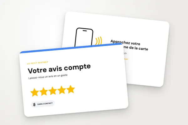 Modèle de carte NFC « Le Petit Bistrot » (restaurants et cafés, avis google, étoiles dorées) : recto et verso