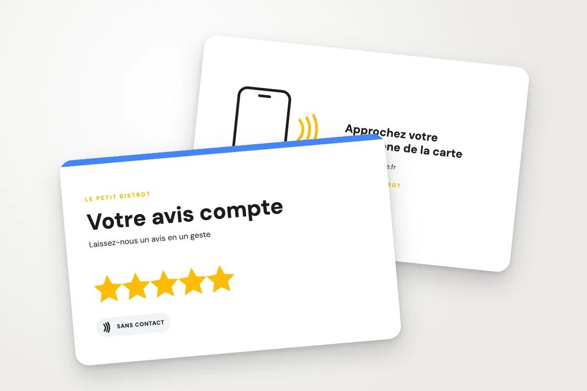 Modèle de carte NFC « Le Petit Bistrot » (restaurants et cafés, avis google, étoiles dorées) : recto et verso