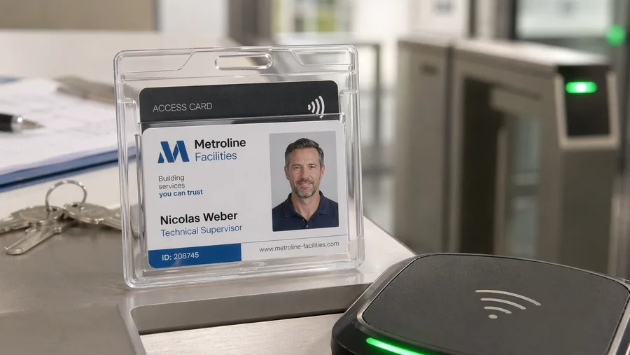Employee photo ID access card in a badge holder next to a contactless NFC reader and turnstile