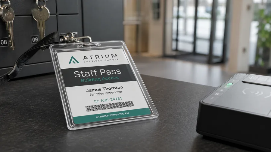 Staff pass with name and barcode in a clear badge holder next to a contactless card reader at a building reception