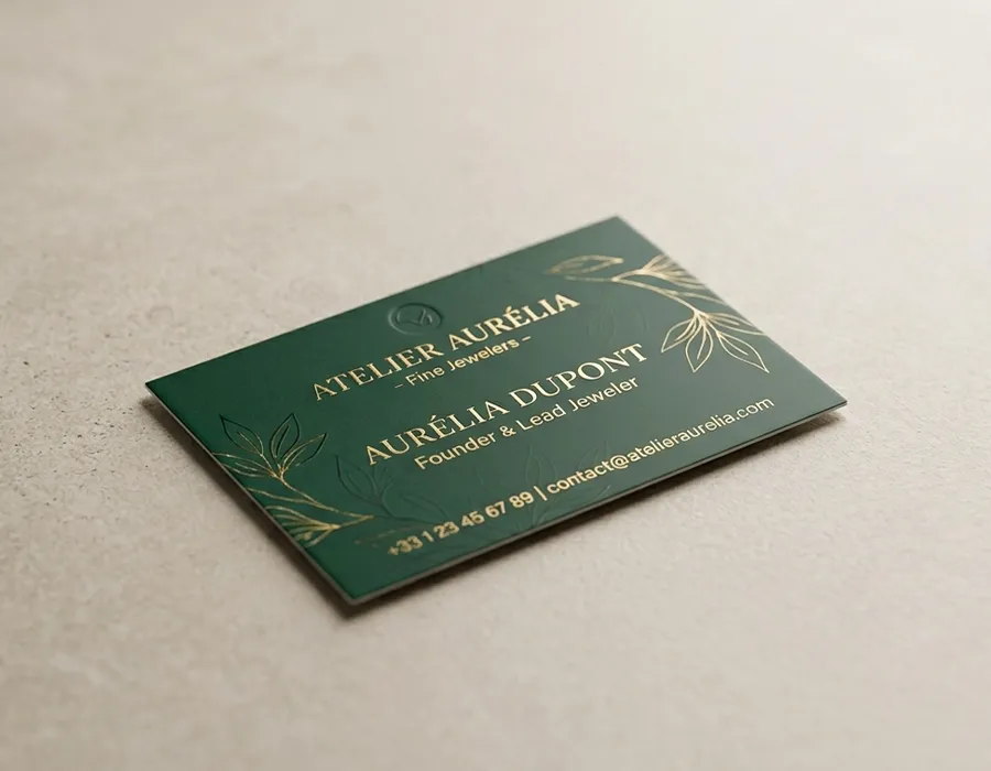 Premium paper business cards with foil stamping, edge painting and embossing on triplex stock