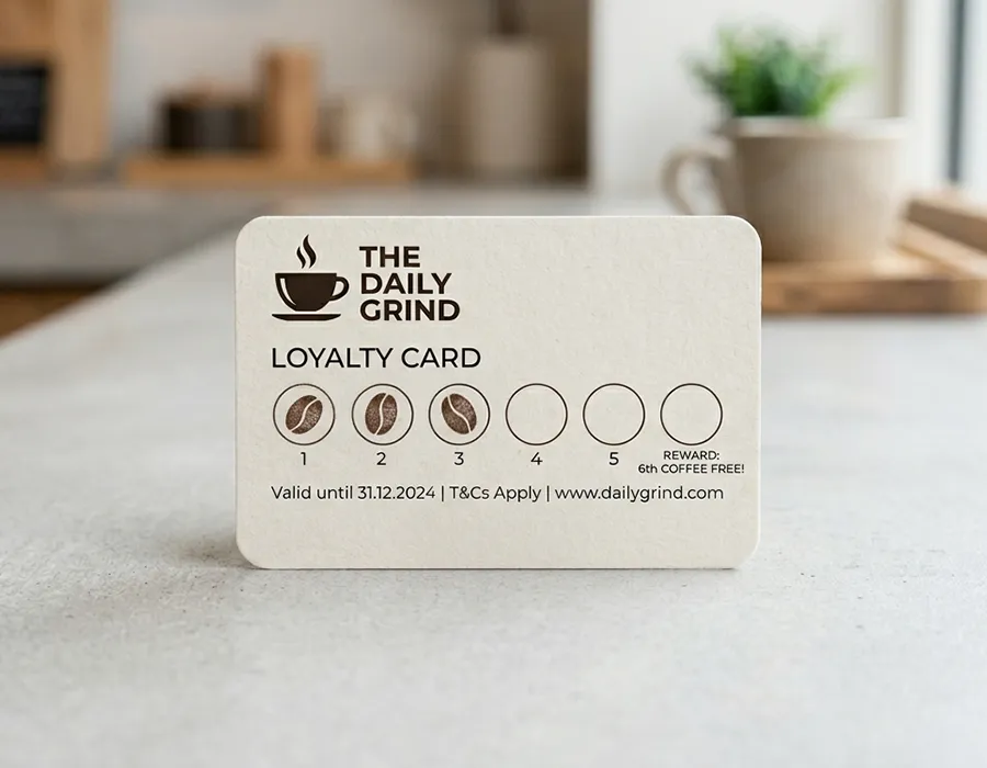 Custom stamp loyalty card with pre-printed coffee cup stamp zones for a neighbourhood coffee shop