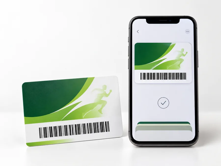 Printed PVC card with a barcode next to a smartphone showing the same card as a wallet pass