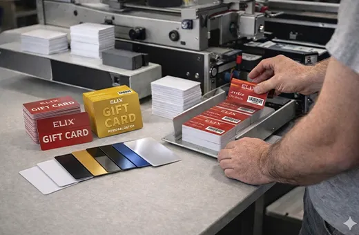 Custom PVC cards prepared for production with materials, finishes and personalization options