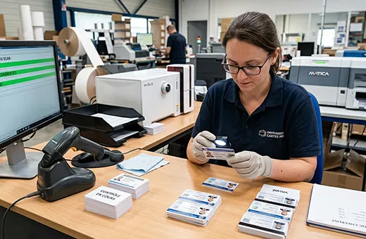 Quality control check on custom PVC cards including print, barcode and finishing inspection