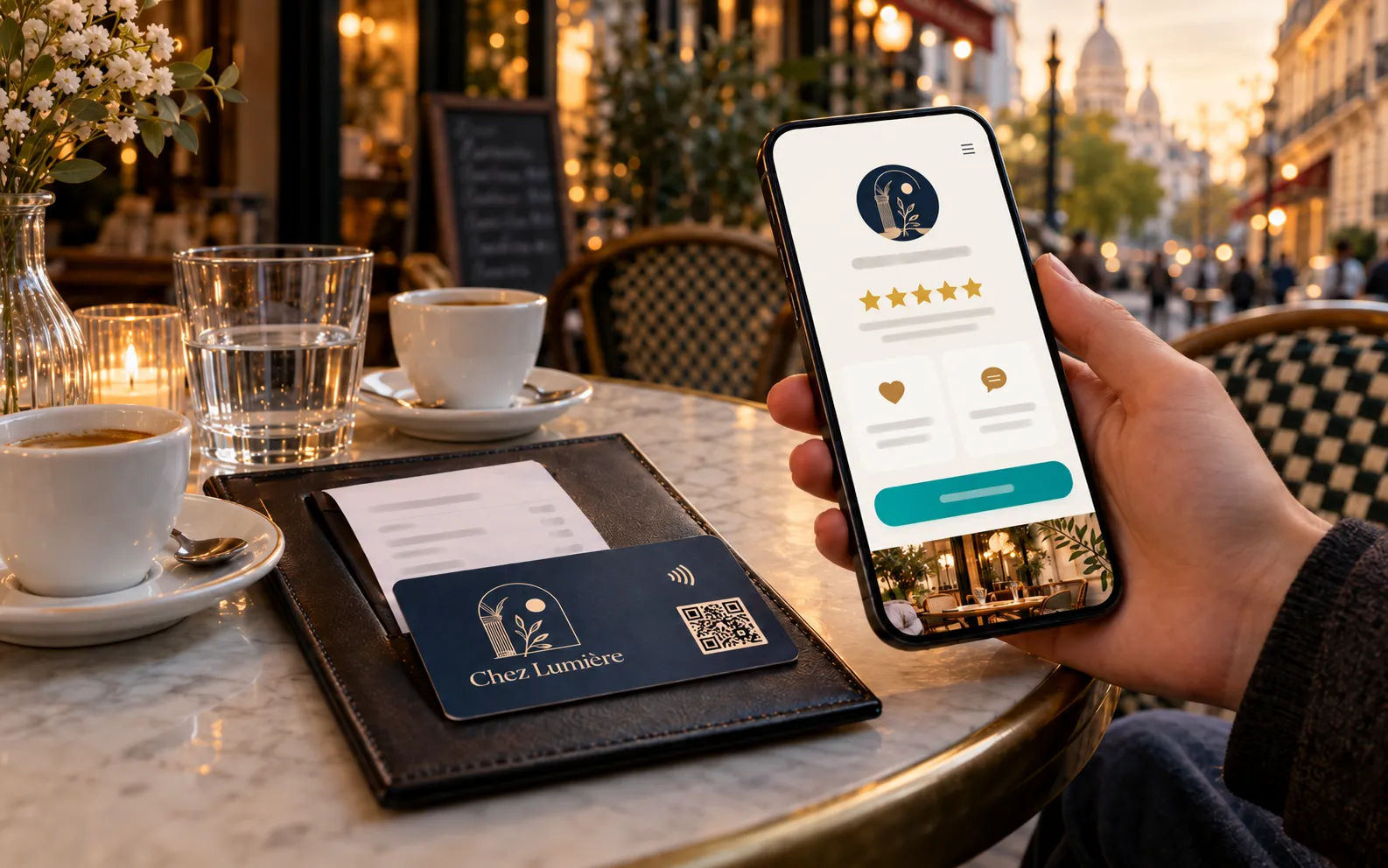 Customised Google review card with QR code and NFC chip, on a table and being read by a smartphone