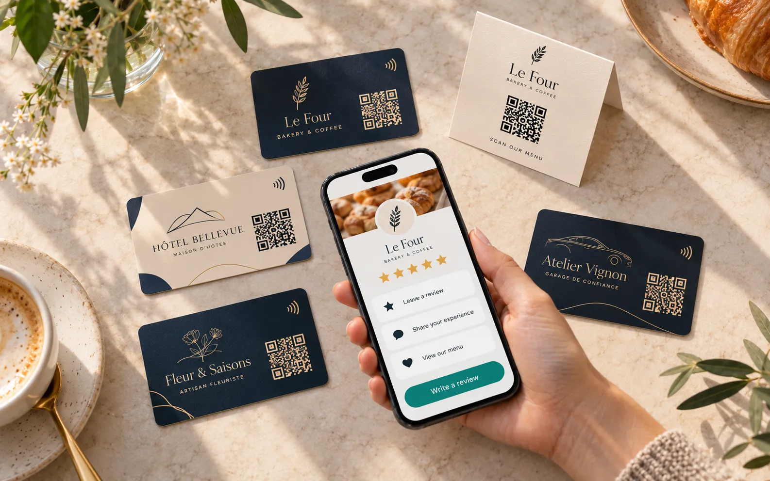 Customised NFC and QR code digital cards being read by a smartphone