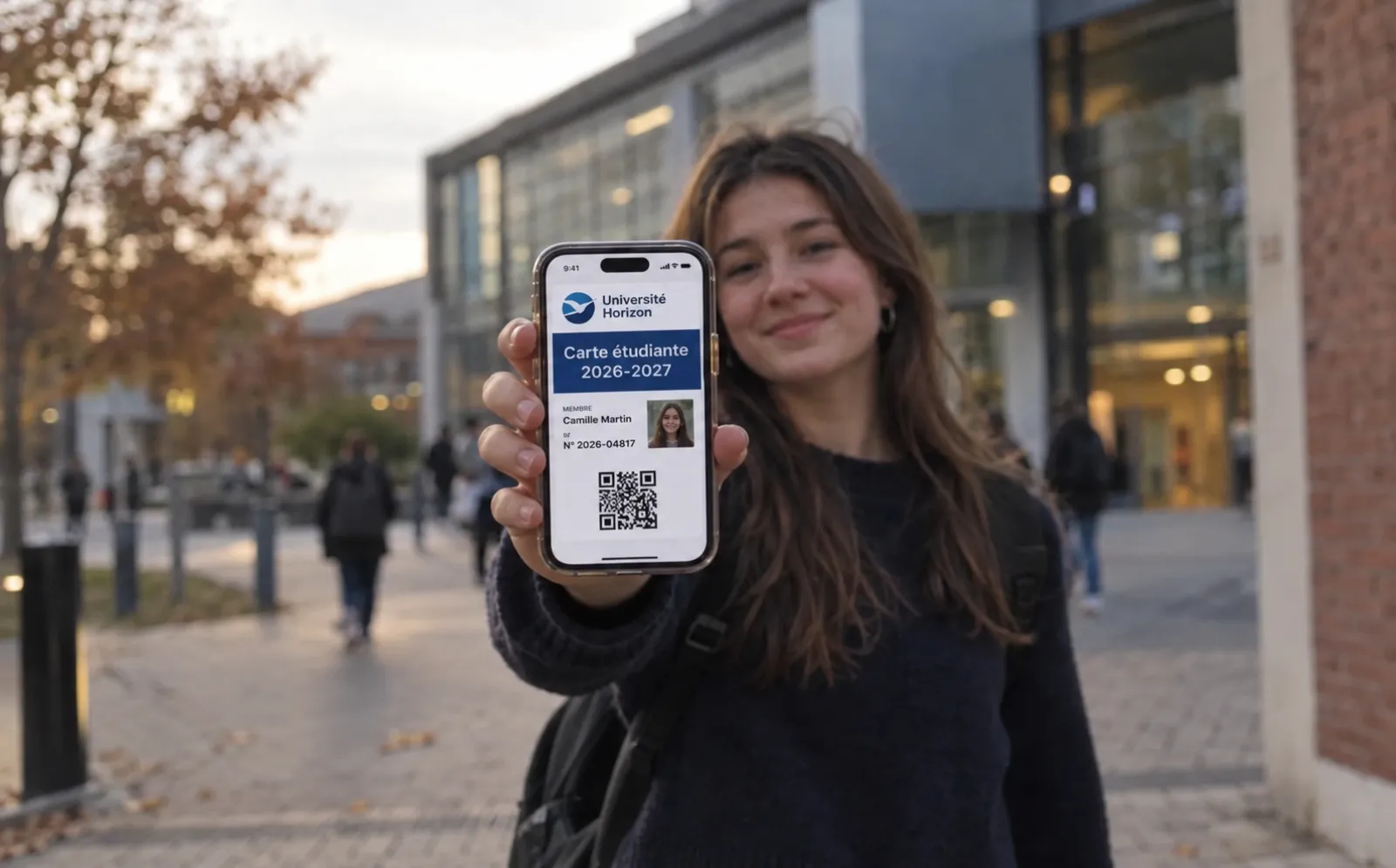 Estudiante mostrando su carné de estudiante digital con foto en Apple Wallet en la entrada del campus