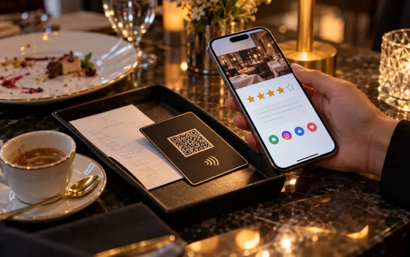 Link Cards NFC and QR code stand and card on a restaurant table