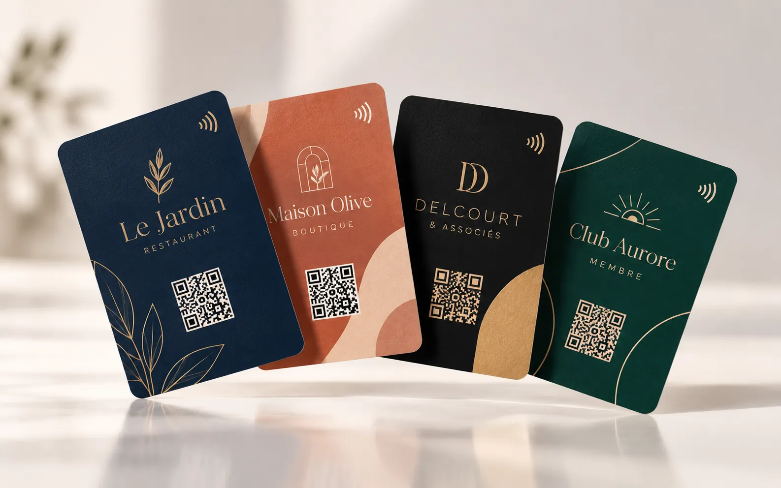 Customised Link Cards with QR code and NFC chip, being read by a smartphone