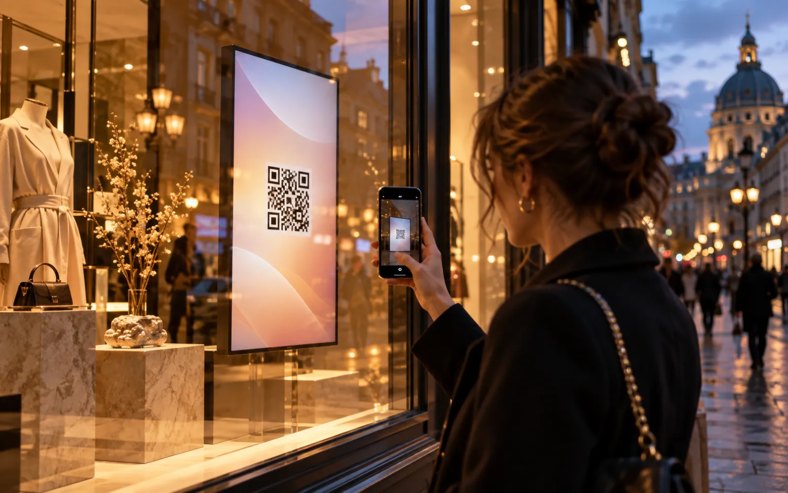 Dynamic QR code being scanned on a screen in a shop window