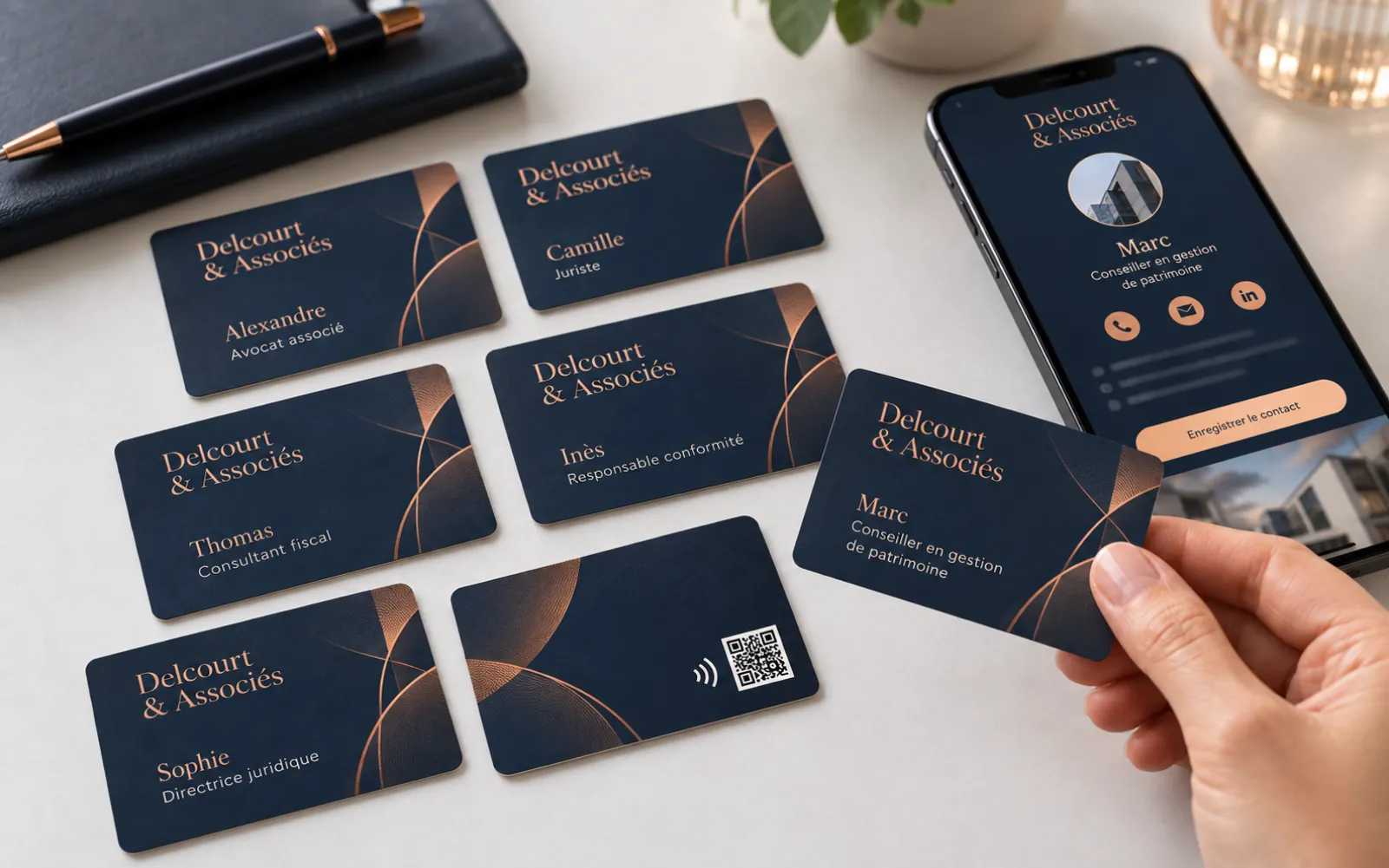 Tarjetas de visita NFC para equipos Team Cards y perfil de un colaborador mostrado en un smartphone