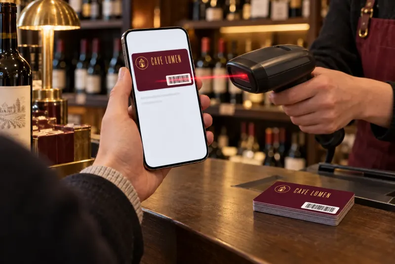 Wallet Cards loyalty card shown on a phone and scanned at the till