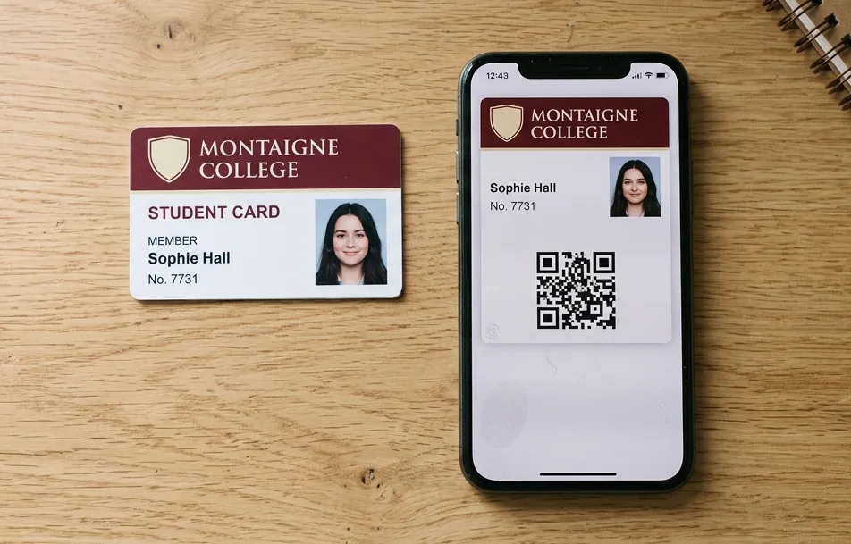 Carné de estudiante PVC con foto y la misma tarjeta en Apple Wallet, uno junto al otro