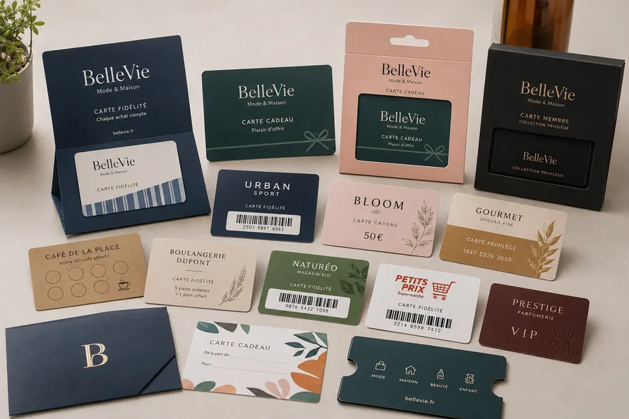 Plusieurs cartes de fidélité et cartes cadeaux d'enseignes différentes disposées en éventail